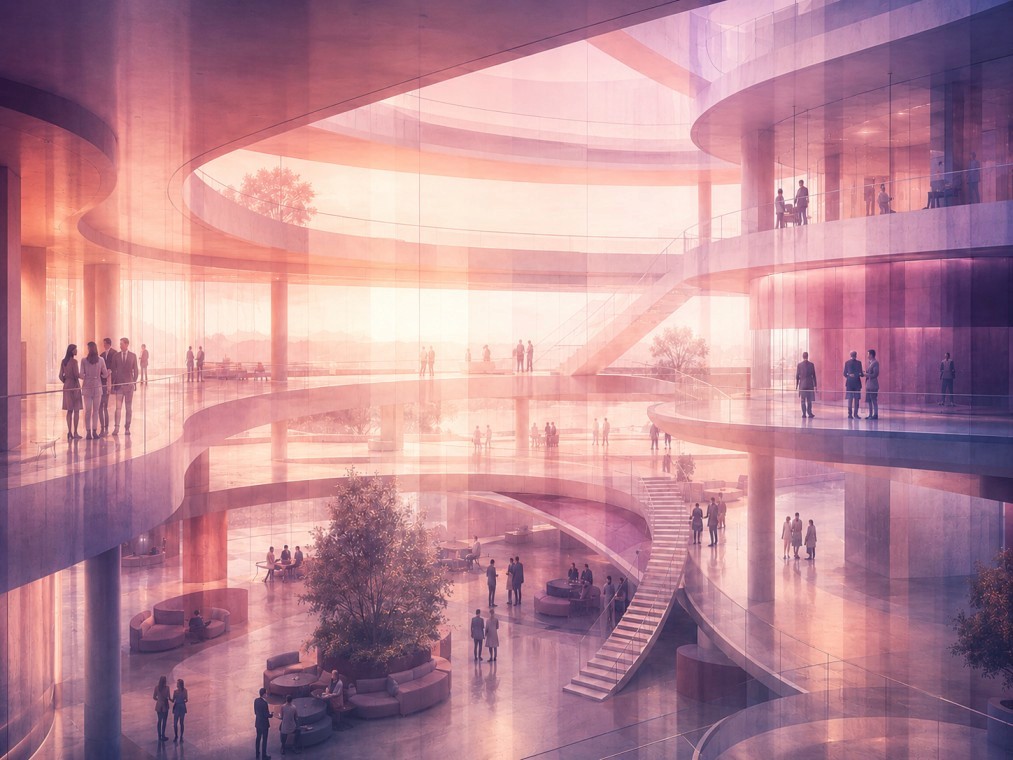 People walking through a workplace atrium