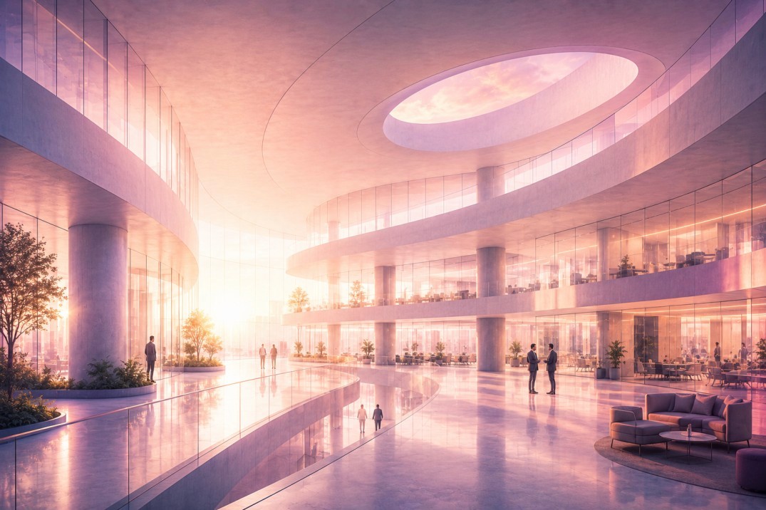Open atrium of a workplace with people at work