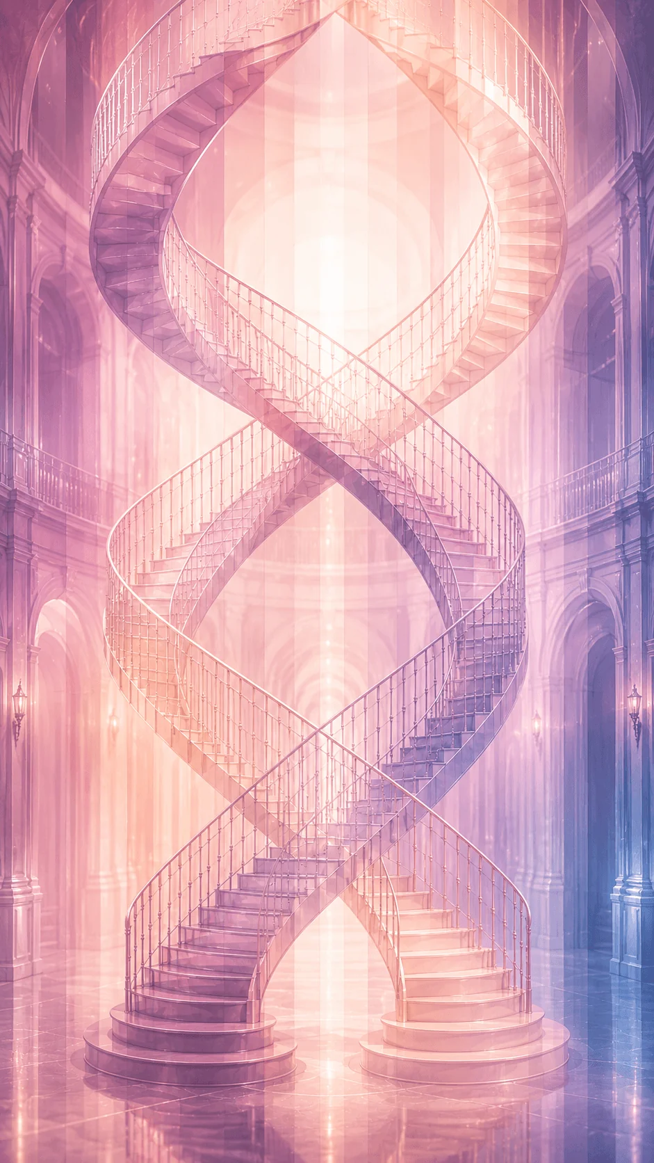 Double-helix staircase rising through light