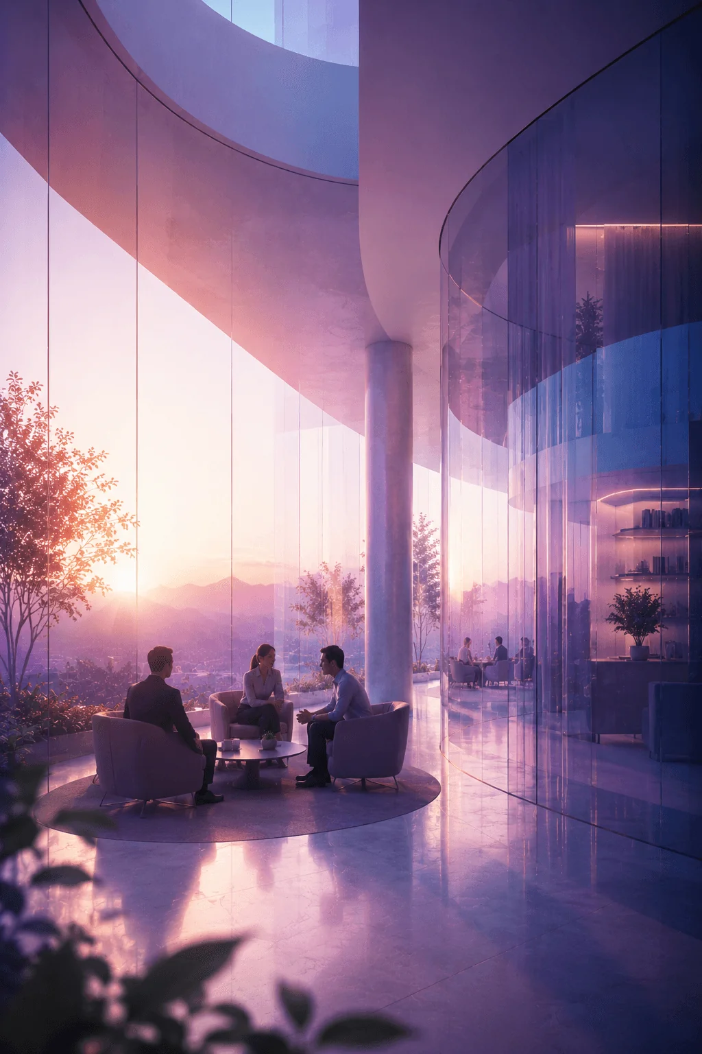 Colleagues meeting in a glass-walled office at sunset