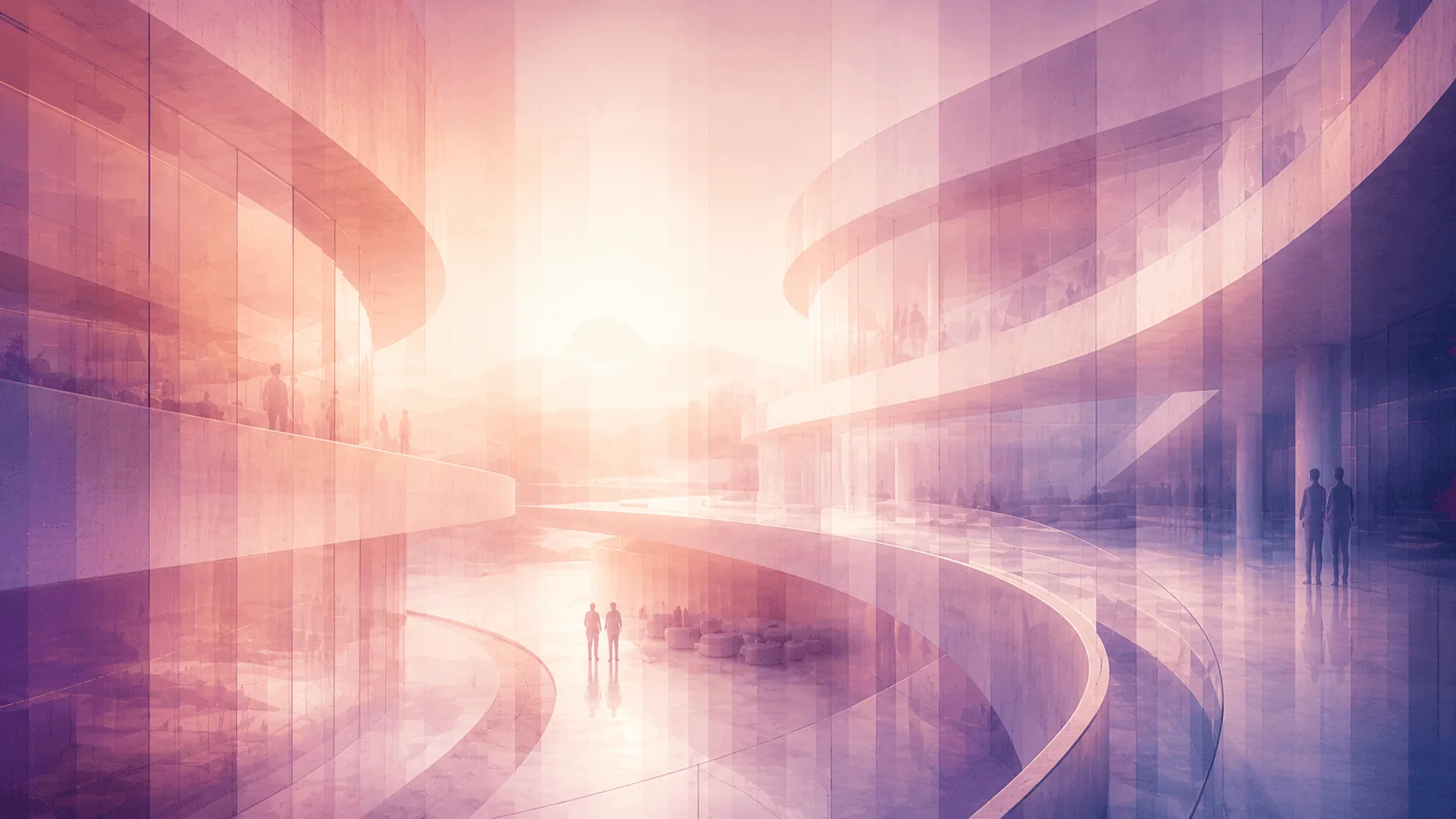 Figures walking through a curved, light-filled space