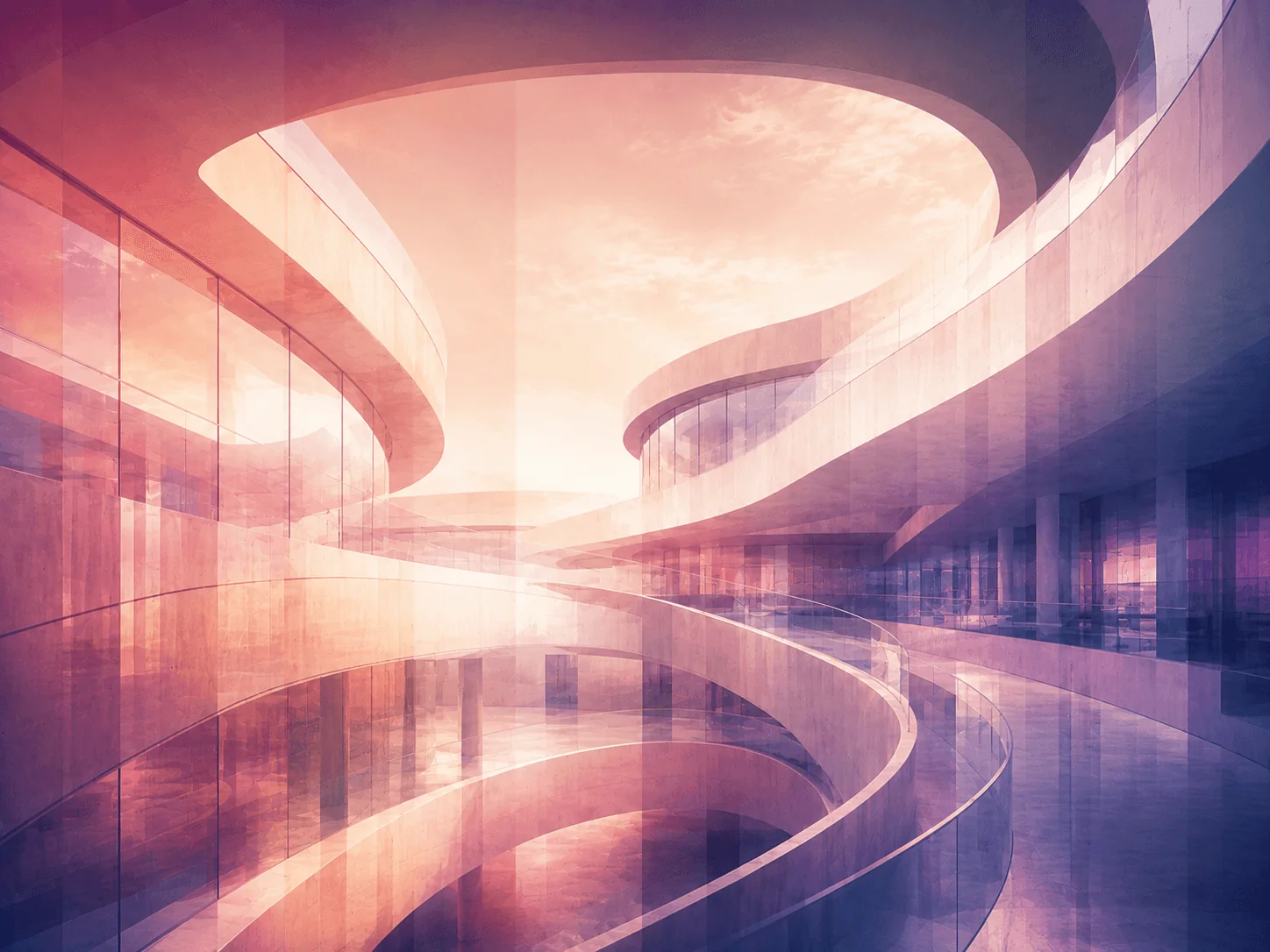 Curved contemporary architecture at sunset