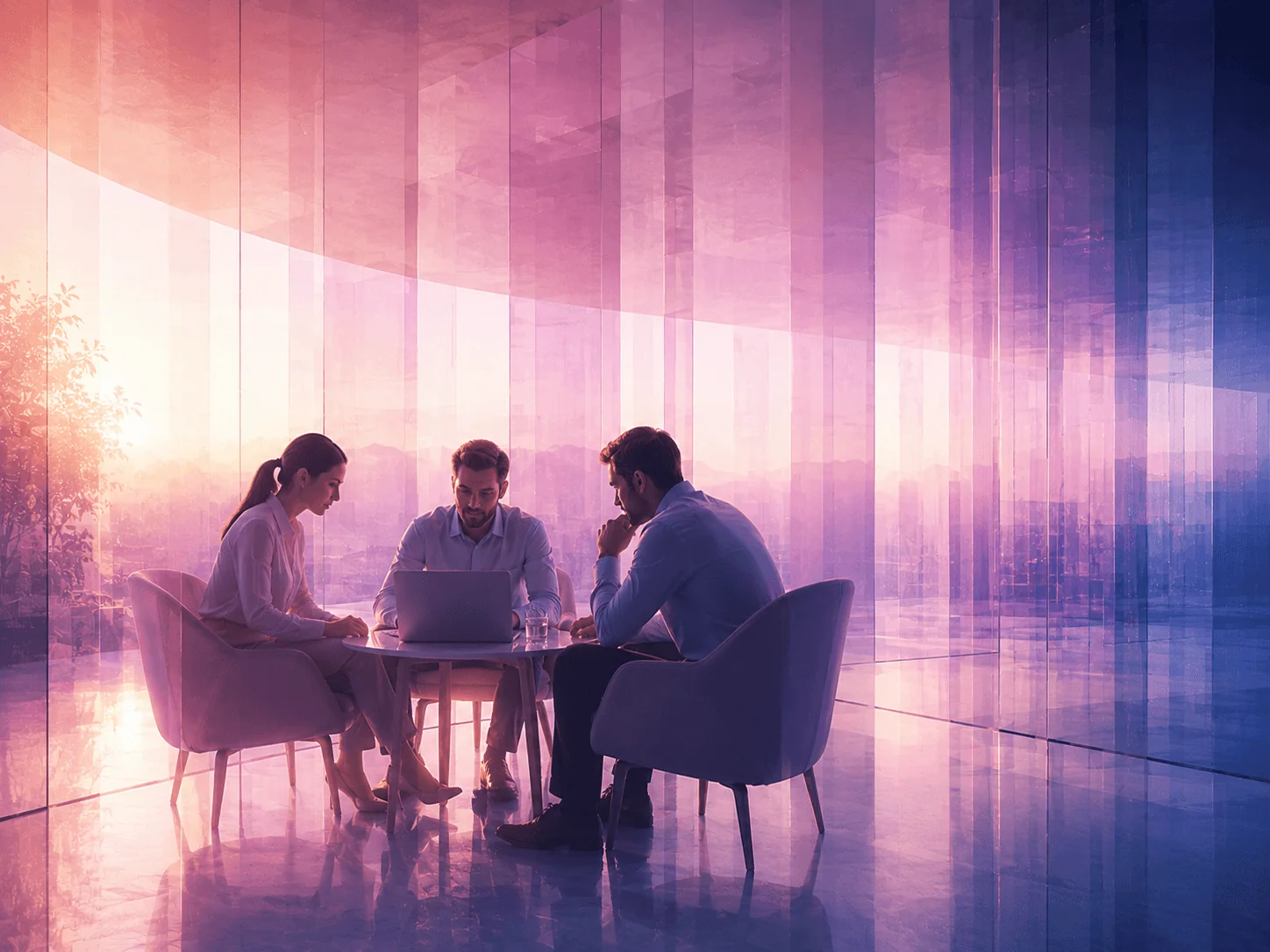 Three colleagues talking around a table