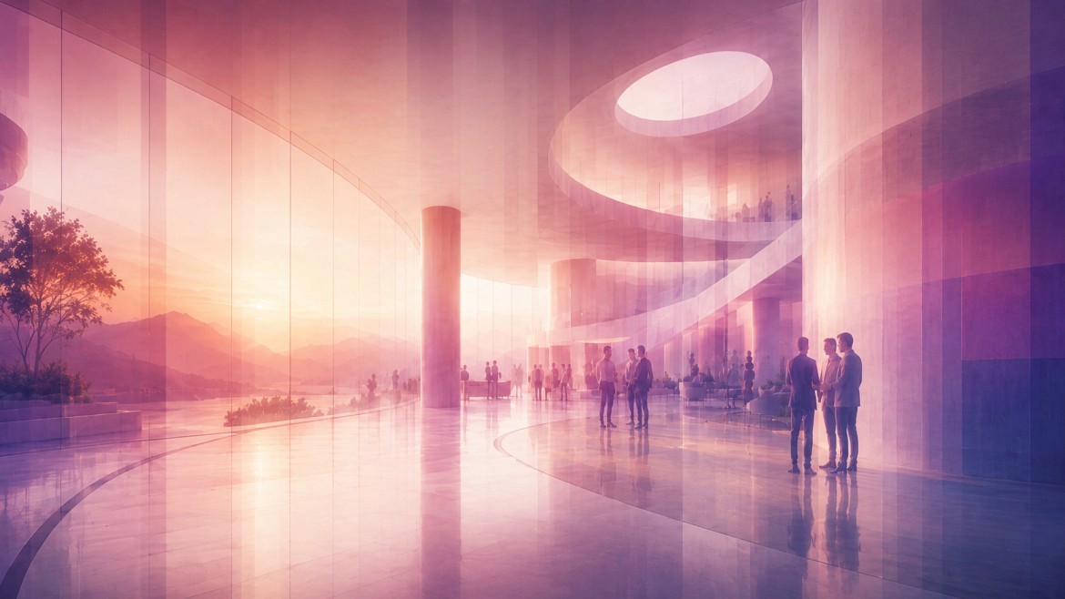 People moving through a bright office lobby