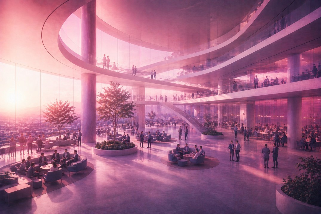 Open atrium of a workplace with people at work