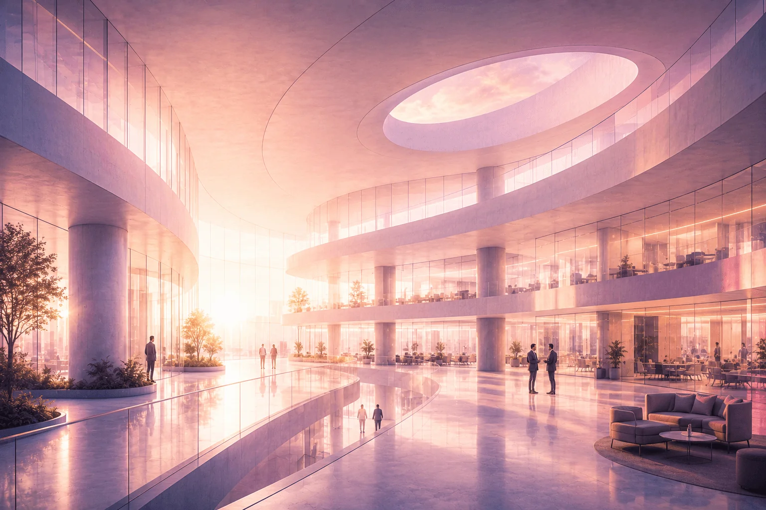 Light-filled modern office interior at sunset