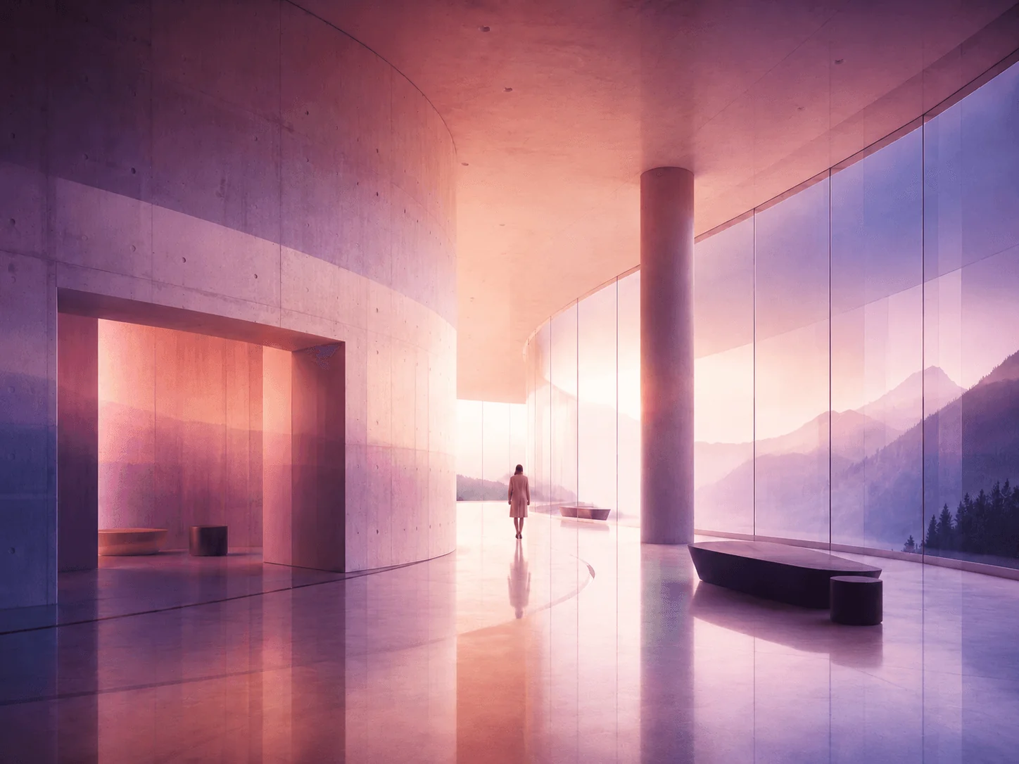 Person crossing a quiet modern lobby